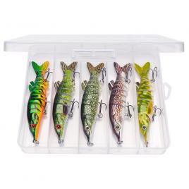 Set 5 voblere articulate pentru stiuca, 8 segmenti, FISHINGBOX MAKE FISHING BETTER, 12,5cm, 18gr, sinking, multicolor