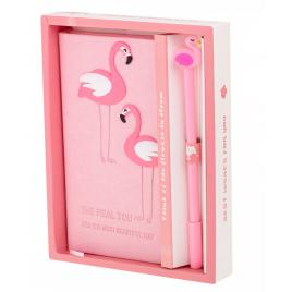 Set cadou pentru copii, caiet cu flamingo finisat cu piele ecologica + pix cu