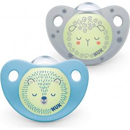 Set 2 suzete silicon NUK Trendline Night 0-6 luni, baieti, cu modele fosforescente, usor de gasit pe timp de noapte