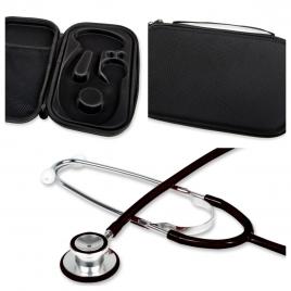 Stetoscop negru traditional din aluminiu, fara latex, cu capsula dubla si geanta neagra pentru transport din material textil acoperit cu nailon, Golden Protect