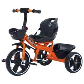 Tricicleta cu pedale pentru copii intre 2 ani si 6 ani, Portocalie, Sezut cu spatar reglabil, Suport picioare, Doua cosuri depozitare si centura de siguranta