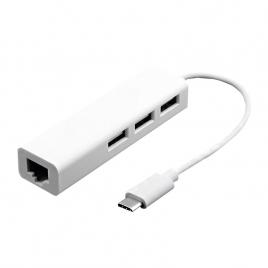 Adaptor Hub USB-C to Ethernet RJ45, 3 x USB, lungime 13cm, flexibil, Alb