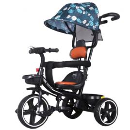 Tricicleta bebelusi cu copertina retractabila si maner parental pentru copii intre 2 si 6 ani, Albastra, 2 Pedale si suporturi pentru picioare, Sezut cu spatar reglabil,  2 cosuri depozitare, Protectie in jurul sezutului