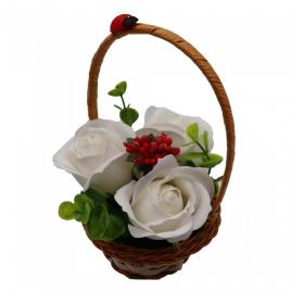 Aranjament floral, cosulet trandafiri,  3 trandafiri albi din sapun
