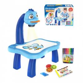Masa de desenat educationala pentru copii,cu proiector si muzica, set 12 culori, burete, 24 imagini, albastra, 38x25.5x9 cm