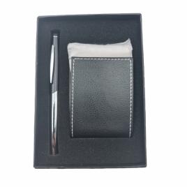 Set de pix si port card, metal, piele ecologica, negru, 16*10 cm