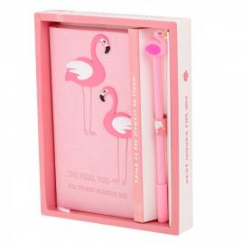 Set cadou pentru copii, caiet cu flamingo finisat cu piele ecologica + pix cu