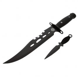 Cutit de vanatoare ideallstore®, goldur blade, 36 cm, negru, husa piele, cutit aruncat inclus