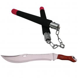 Set maceta de vanatoare ideallstore®, knife of mind, otel inoxidabil, argintie, 46 cm si nunceag burete