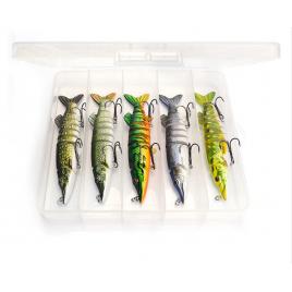 Set 5 voblere articulate pentru stiuca, 8 segmenti, Fishingbox, 12,5cm, 20gr, multicolor, sinking, slow sinking