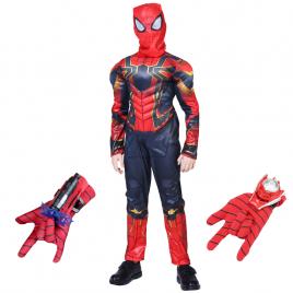 Set costum iron spiderman ideallstore®, new era, rosu, 5-7 ani, doua manusi cu ventuze si discuri