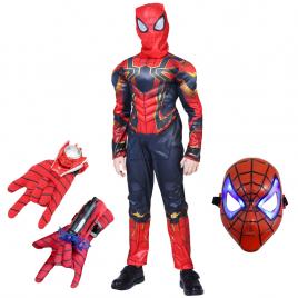 Set costum iron spiderman ideallstore®, new era, rosu, 5-7 ani, manusa cu ventuze, discuri si masca