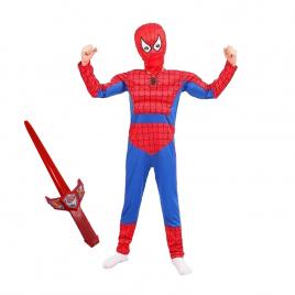 Set costum ultimate spiderman ideallstore® pentru copii, 100% poliester, 120-130 cm, rosu si sabie cu lumini