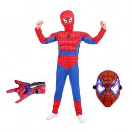 Set costum ultimate spiderman ideallstore® pentru copii, 100% poliester, 95-110 cm, rosu, manusa ventuze si masca led
