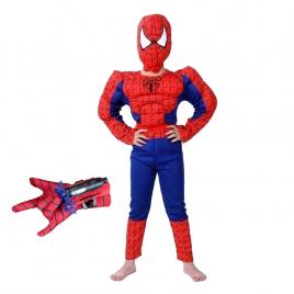 Set costum clasic spiderman cu muschi ideallstore®, 7-9 ani, 120-130 cm, rosu si manusa cu ventuze