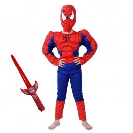 Set costum clasic spiderman cu muschi ideallstore®, 7-9 ani, 120-130 cm, rosu si sabie cu lumini