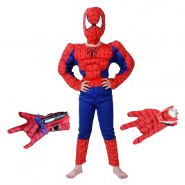 Set costum clasic spiderman muschi ideallstore®, 5-7 ani, 110-120 cm, rosu, manusi ventuze si discuri incluse