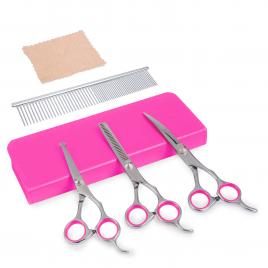 Set de 3 foarfeci profesionale + 1 pieptan pentru tuns animale Aexya trusa piele magenta