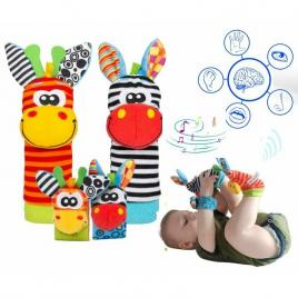 Botosei si bratari cu zornaitoare, animalute dragute pentru bebelusi, set 4 piese, 2 pentru maini si 2 pentru picioare, jungle wrist rattle and foot finder, playgro