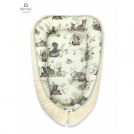 Miminu - cosulet bebelus pentru dormit, baby cocoon 75x55 cm, cu doua fete, din tesatura imitatie de lana si bumbac, ecru calm forest natural