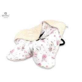 Miminu - paturica calduroasa de infasat pentru scoica, scaun auto/carucior, cu gluga si urechi, cu sistem de prindere pe baza de velcro, dimensiune 90x90 cm, din imitatie de lana si bumbac, ecru pink ballerina
