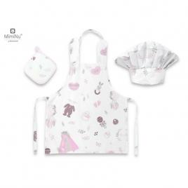 Miminu - set micutul bucatar, cu sort, o boneta si accesoriu pentru vase calde, baby shower pink