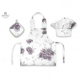 Miminu - set micutul bucatar, cu sort, o boneta si accesoriu pentru vase calde, peonie plum