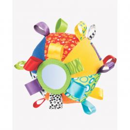 Minge textila cu activitati pentru bebelusi, cu diferite texturi, cu oglinda, loopy loops ball, dimensiune mare 11.5 cm, playgro