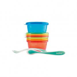 Nuby - set de masa, 300 ml, 3 luni+, cu 4 recipiente, 4 capace, 2 linguri, multicolor