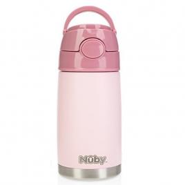 Nuby - termos din otel inoxidabil, 300 ml, pentru pastrarea bauturilor calde si reci, cu pai din silicon, 24 luni+, roz