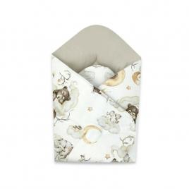 Qmini - paturica de infasat cu doua fete, cu multiple utilizari, cu inchidere arici velcro, dimensiune 75x75 cm, din bumbac certificat oeko tex standard 100, teddy bear and friends beige