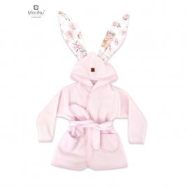 Miminu - halat de baie cu urechi 2 - 5 ani, moale, cu buzunare, cu cordon, din bumbac si thermo fleece, materiale certificate oeko tex standard 100, sweet deer pink