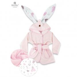 Miminu - halat de baie cu urechi 5 - 7 ani, moale, cu buzunare, cu cordon, din bumbac si thermo fleece, materiale certificate oeko tex standard 100, baby shower pink