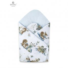Miminu - paturica de infasat cu doua fete, cu multiple utilizari, cu inchidere arici velcro, dimensiune 75x75 cm, din bumbac certificat oeko tex standard 100, design, let's go blue