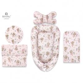 Miminu - set 4 in 1 cosulet bebelus baby cocoon 75x55 cm, husa 100% bumbac, din bumbac certificat oeko tex standard 100, cu paturica 50x70 cm, cu salteluta 60x32 cm, cu perna fluture cu doua fete 40x27 cm, design, little ballerina pink