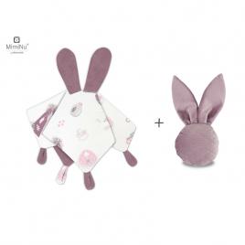 Miminu - set jucarie de plus cu urechi si labute din catifea si bumbac + jucarie zornaitoare mini bunny din catifea matlasata, materiale certificat oeko tex standard 100, baby shower pink/heather