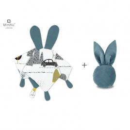 Miminu - set jucarie de plus cu urechi si labute din catifea si bumbac + jucarie zornaitoare mini bunny din catifea matlasata, materiale certificat oeko tex standard 100, childrens journey grey/nepal green