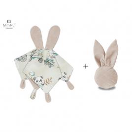 Miminu - set jucarie de plus cu urechi si labute din catifea si bumbac + jucarie zornaitoare mini bunny din catifea matlasata, materiale certificat oeko tex standard 100, design, zoo on bikes nugat/beige