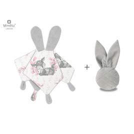 Miminu - set jucarie de plus cu urechi si labute din catifea si bumbac + jucarie zornaitoare mini bunny din catifea matlasata, materiale certificat oeko tex standard 100, lulu rose/grey