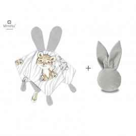 Miminu - set jucarie de plus cu urechi si labute din catifea si bumbac + jucarie zornaitoare mini bunny din catifea matlasata, materiale certificat oeko tex standard 100, safari natural/grey