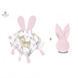 Miminu - set jucarie de plus cu urechi si labute din catifea si bumbac + jucarie zornaitoare mini bunny din catifea matlasata, materiale certificat oeko tex standard 100, sweet deer pink/pink