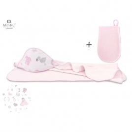 Miminu - set prosop mare cu gluga, dimensiune 100x100 cm + manusa de baie bebelusi, 12x21 cm, materiale certificate oeko tex standard 100, baby shower pink