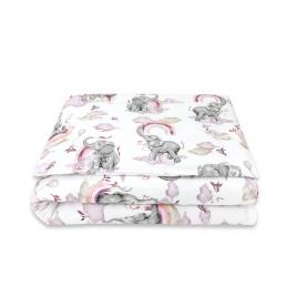 Qmini - lenjerie junior cu 2 piese, din bumbac certificat oeko tex standard 100, 140 x 200 cm, elephants on rainbow pink