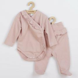 Set 2 piese: body cu maneca lunga si pantalonasi cu botosei, cu volanase, marime 56, din bumbac 100%, new baby, stripes pink