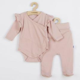 Set 2 piese: body cu maneca lunga si volanas, pantaloni cu botosei, marime 56, din bumbac 100%, new baby, practical pink