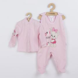 Set 2 piese: salopeta fara maneci, bluza, marime 62, din bumbac 100%, new baby, mouse pink