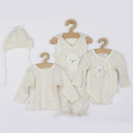 Set 4 piese: bluza, body cu maneca lunga, salopeta fara maneci, caciulita, marime 56, din bumbac 100%, new baby, sweet bear beige