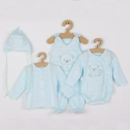 Set 4 piese: bluza, body cu maneca lunga, salopeta fara maneci, caciulita, marime 56, din bumbac 100%, new baby, sweet bear blue