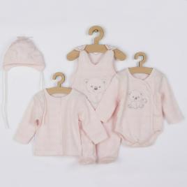 Set 4 piese: bluza, body cu maneca lunga, salopeta fara maneci, caciulita, marime 56, din bumbac 100%, new baby, sweet bear pink