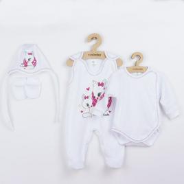 Set 4 piese: body cu maneca lunga, salopeta fara maneci, caciulita, manusi, marime 56, din bumbac 100%, new baby, foxy